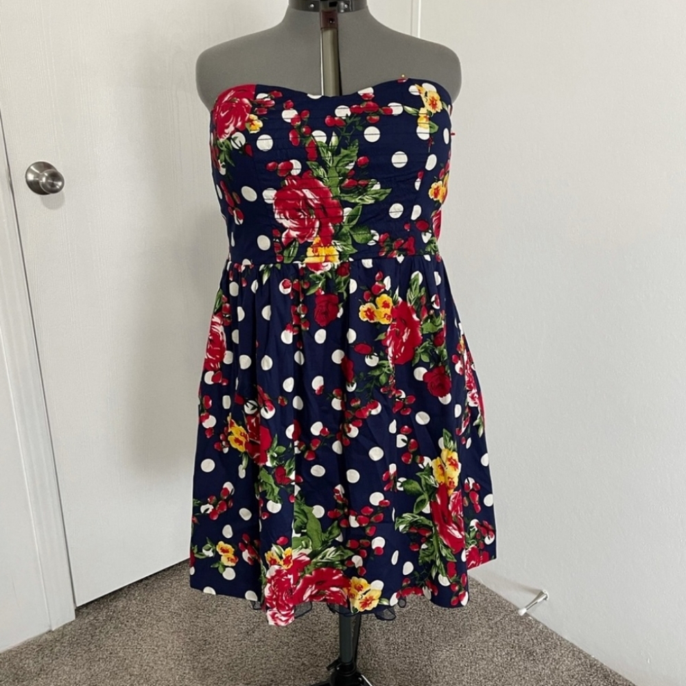 Vintage Navy Blue Polka Dot Floral Strapless Dress